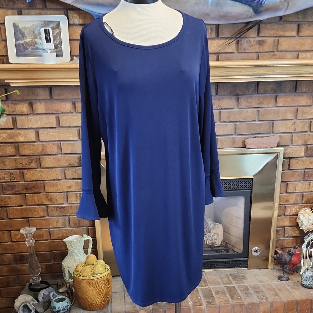 Laundry By Shelli Segal Navy Blue Long Sleeve Shift Dress Size XL Soft Flowy